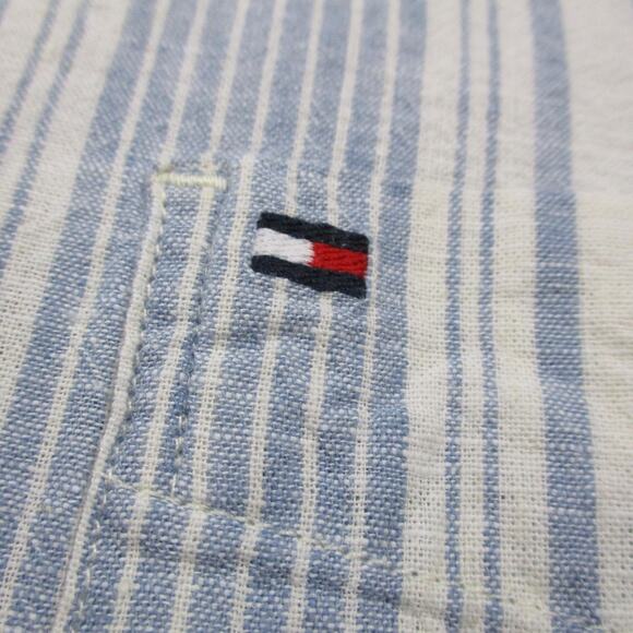 Tommy Hilfiger Shirt Mens 2XL Blue White Striped Linen Blend Short Sleeve Button - Picture 12 of 16